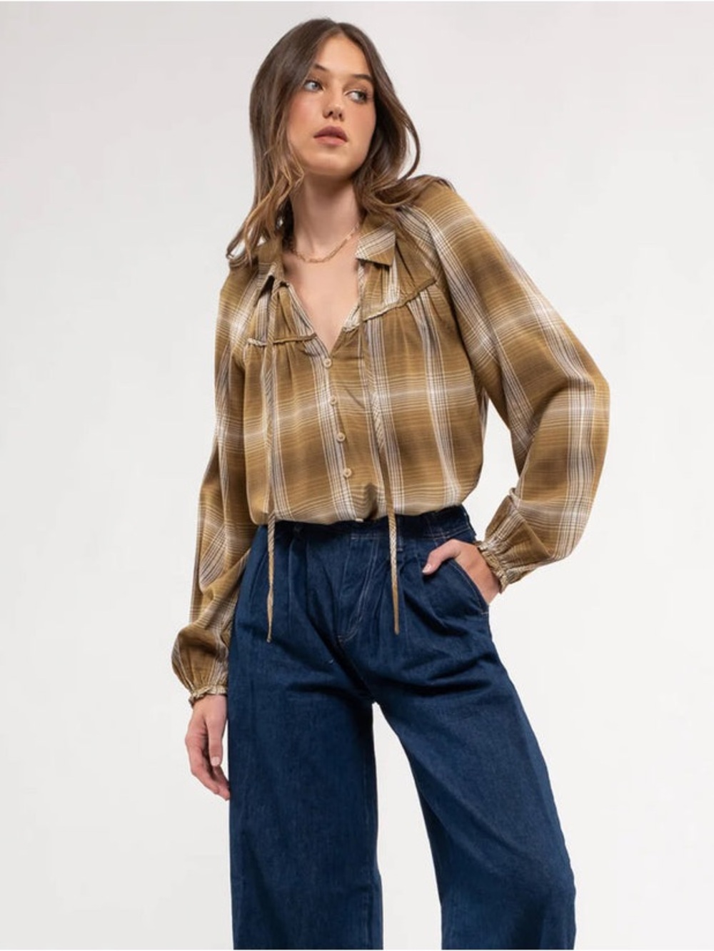 NWT BLU PEPPER PLAID COLLARED PEASANT LONG SLEEVE BLOUSE SIZE SMALL OVERSIZED